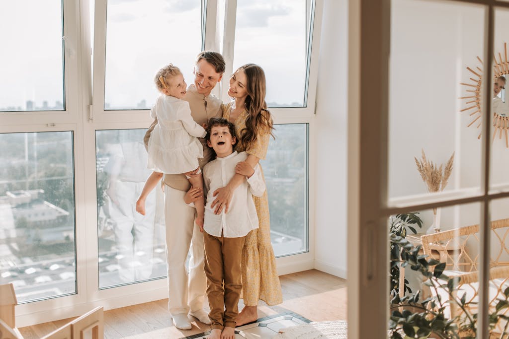 Warm family moment captured by a bright window, symbolizing love and togetherness.